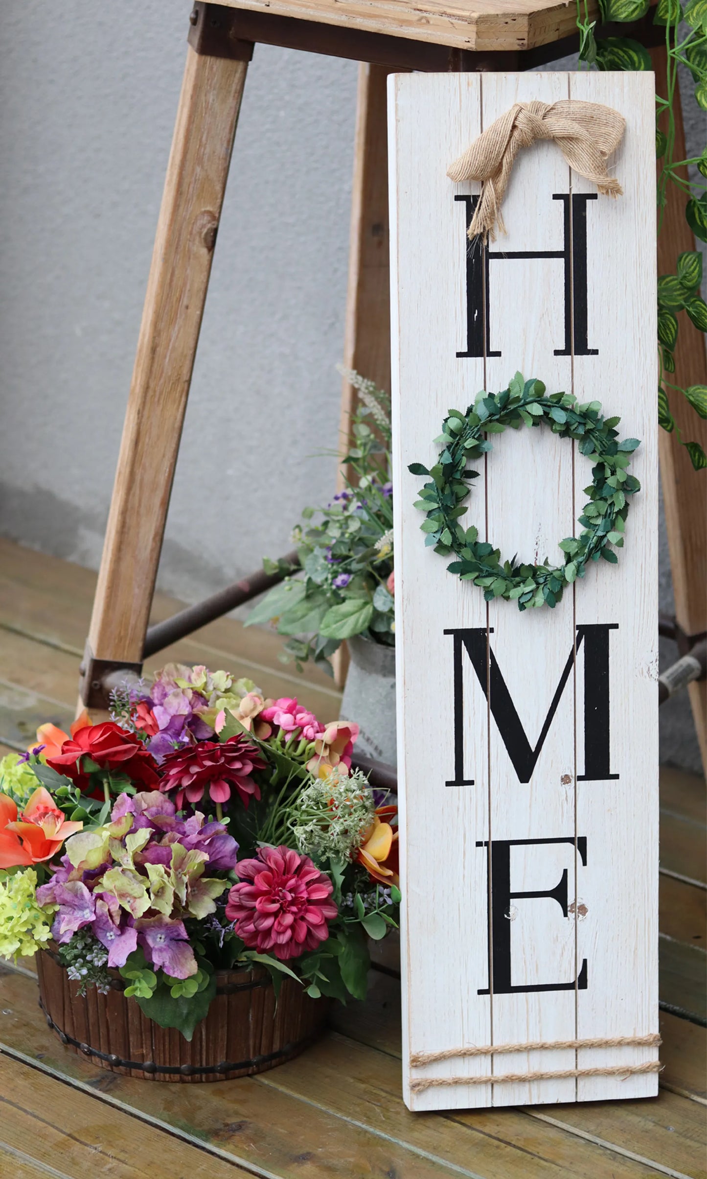 Wooden Home Plaque with Green Wreath – Large Farmhouse Wall Hanging Sign for Living Room, Mantel & Entryway Décor