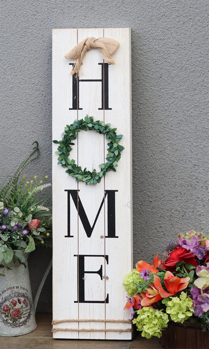 Wooden Home Plaque with Green Wreath – Large Farmhouse Wall Hanging Sign for Living Room, Mantel & Entryway Décor