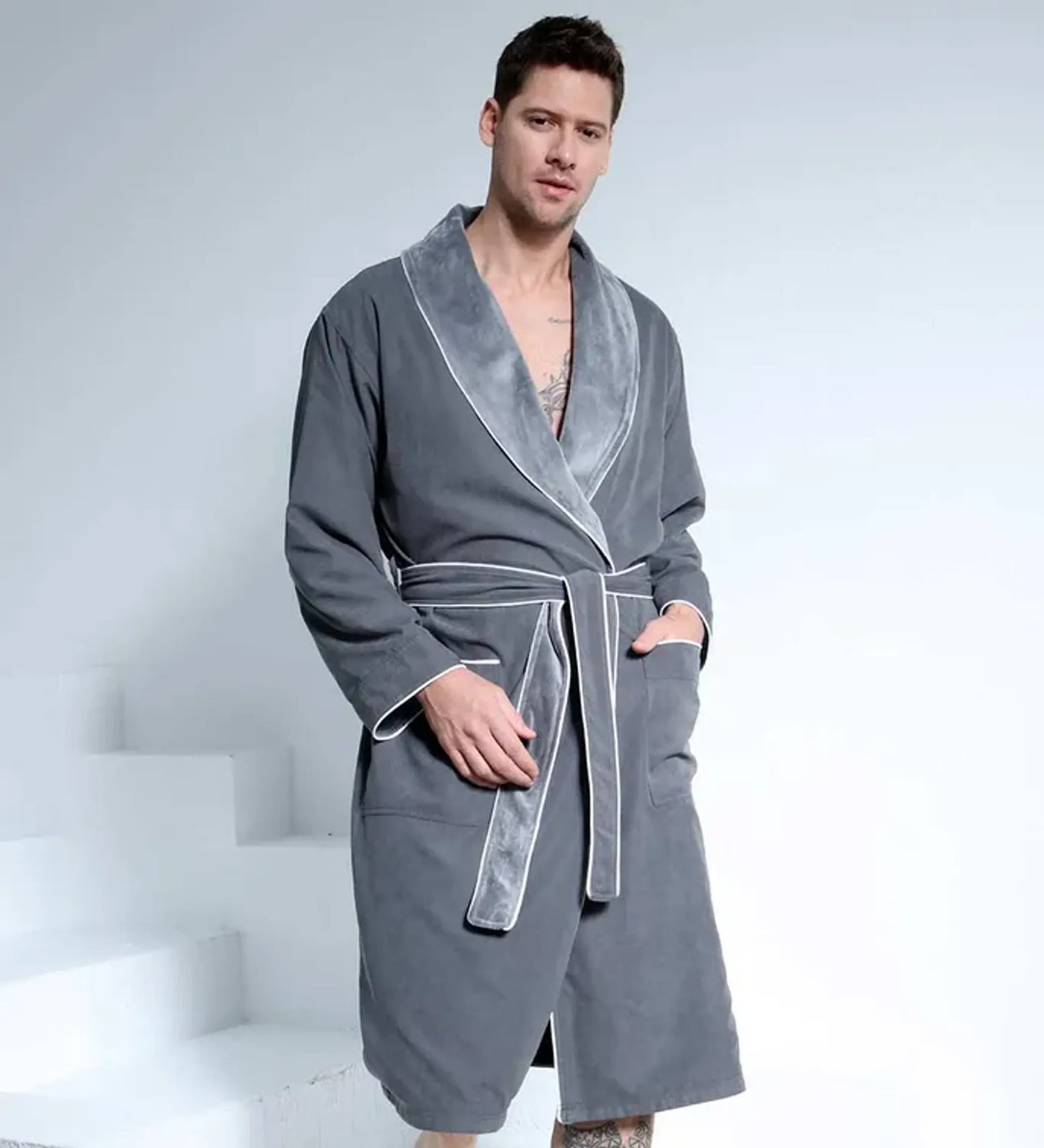 Men’s Plush Lined Double Layer Microfiber Robe – Soft Warm Bathrobe for Home, Spa & Relaxation