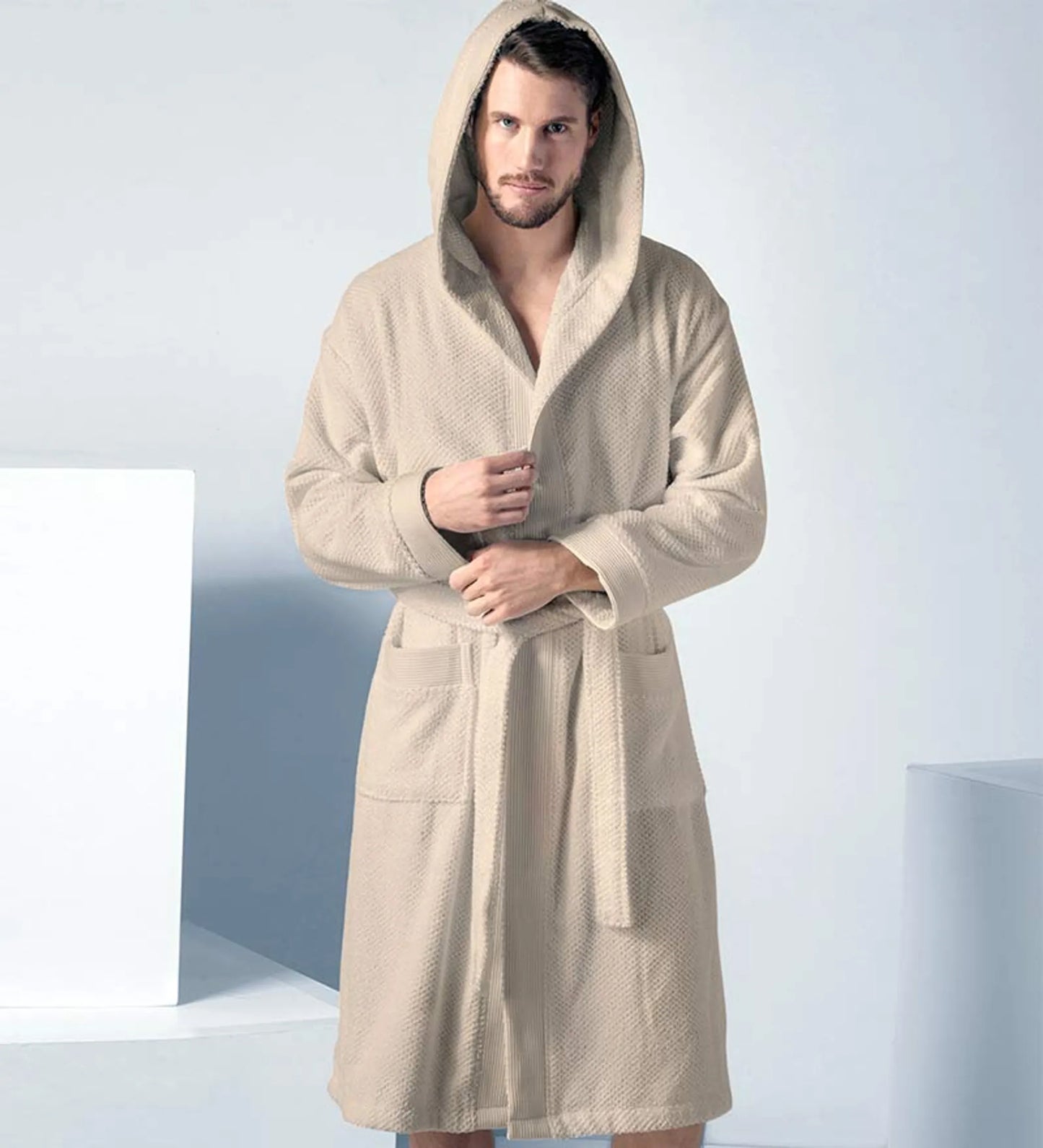 Men’s Luxury Turkish Cotton Terry Cloth Robe with Hood – Soft Plush Bathrobe for Home, Spa & Relaxation