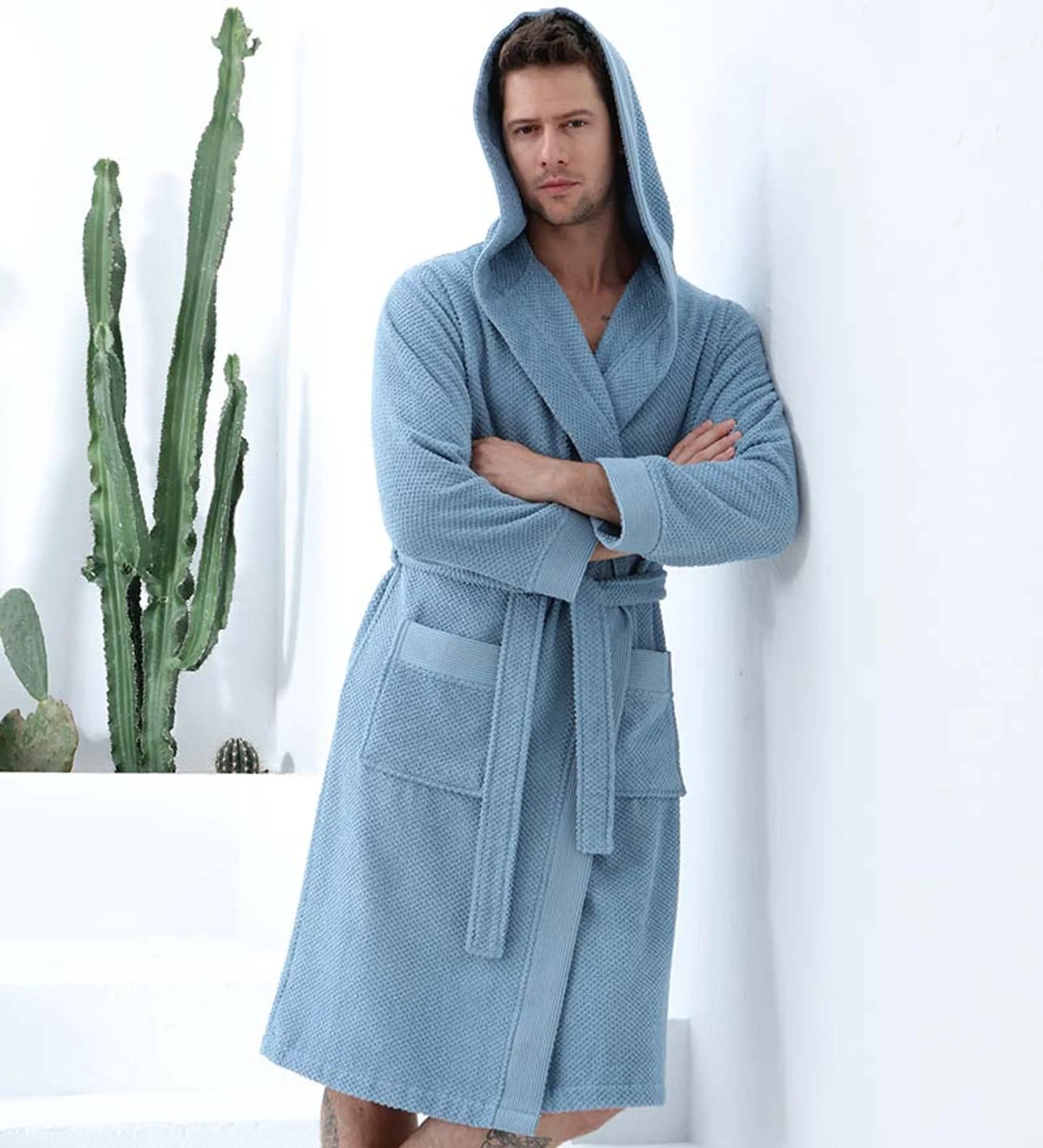 Men’s Luxury Turkish Cotton Terry Cloth Robe with Hood – Soft Plush Bathrobe for Home, Spa & Relaxation
