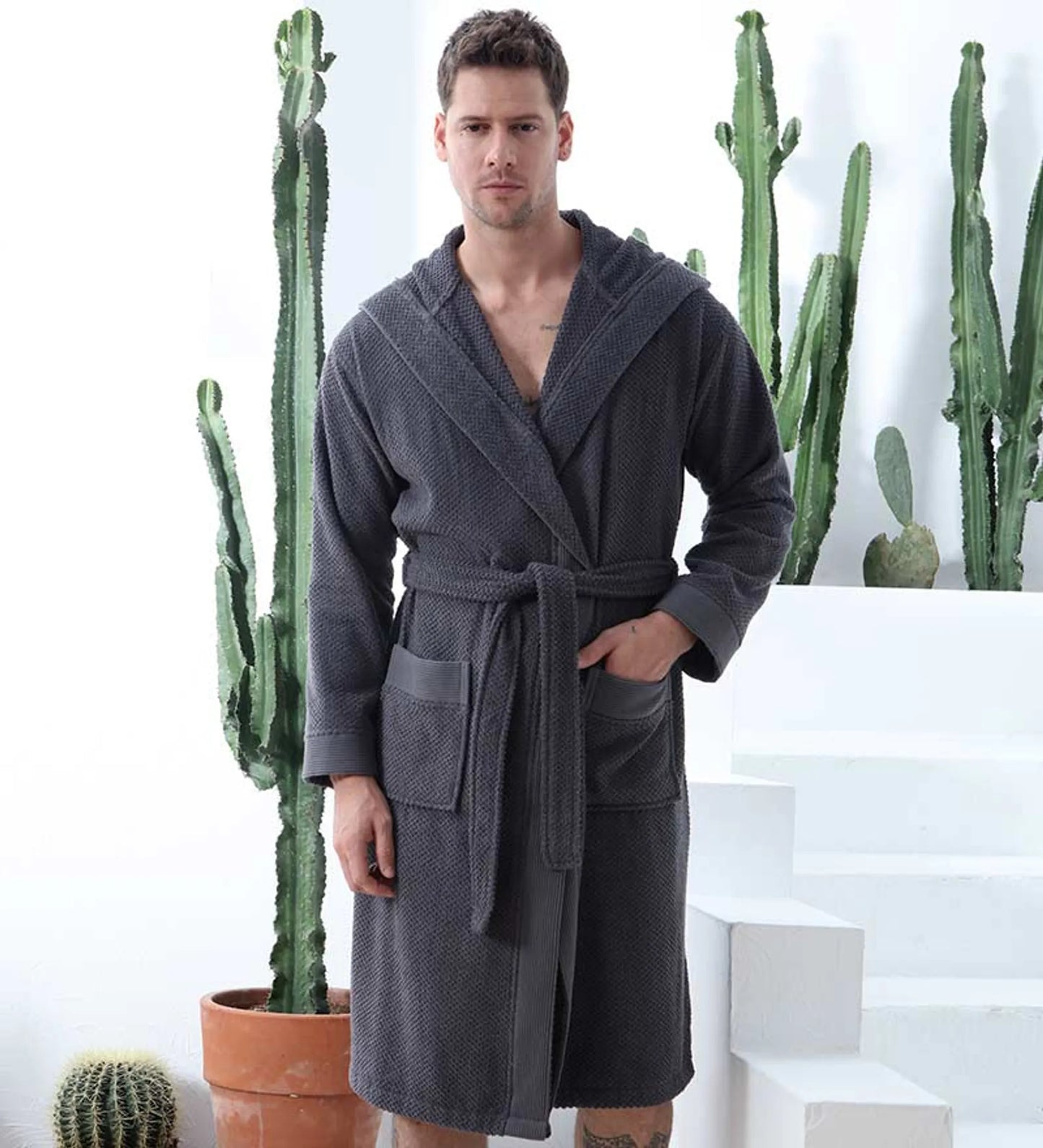 Men’s Luxury Turkish Cotton Terry Cloth Robe with Hood – Soft Plush Bathrobe for Home, Spa & Relaxation