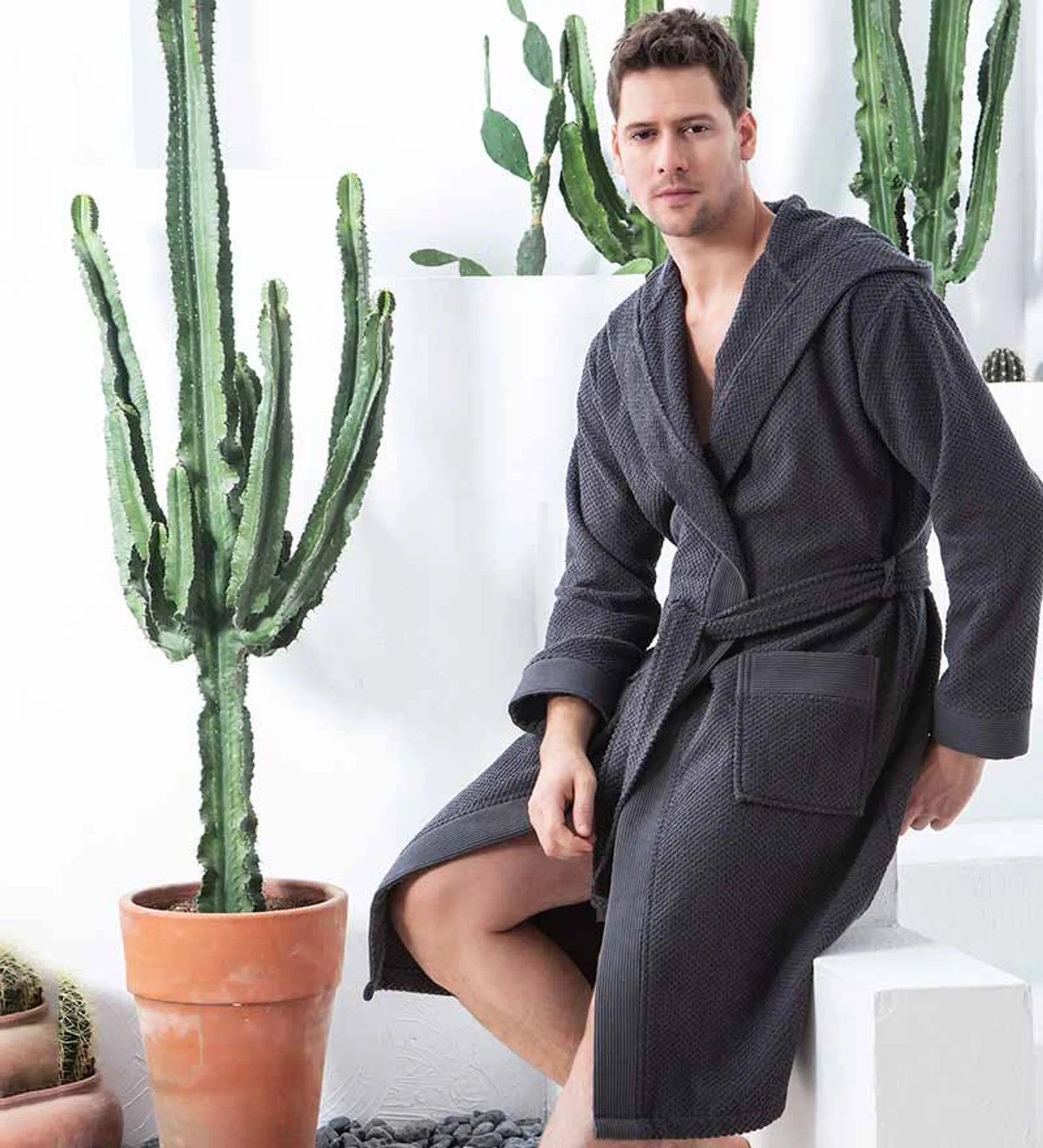 Men’s Luxury Turkish Cotton Terry Cloth Robe with Hood – Soft Plush Bathrobe for Home, Spa & Relaxation