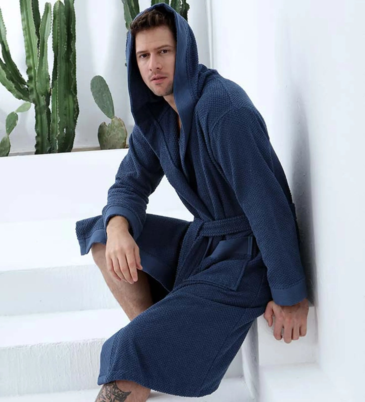 Men’s Luxury Turkish Cotton Terry Cloth Robe with Hood – Soft Plush Bathrobe for Home, Spa & Relaxation