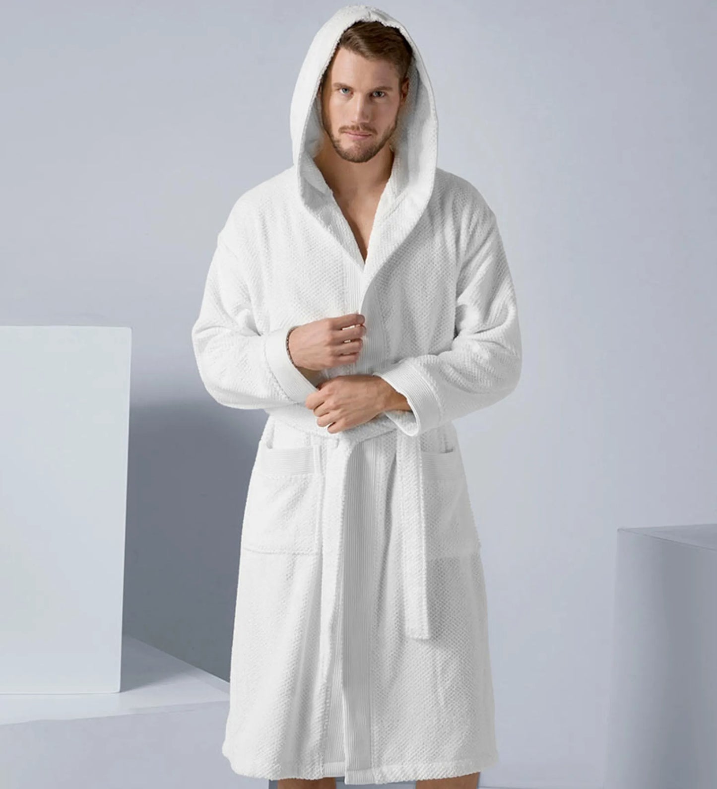 Men’s Luxury Turkish Cotton Terry Cloth Robe with Hood – Soft Plush Bathrobe for Home, Spa & Relaxation